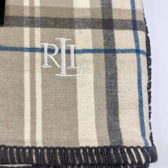 NWT Ralph Lauren Throw Blanket Cotton plaid Beige Tan Blue 54x72 in - Picture 3 of 3
